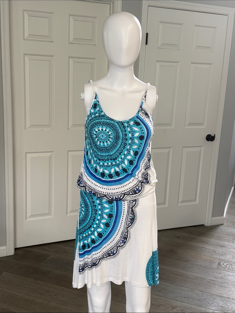 Beach Time White w/ Blue Teal Mandala Print Blouson Tank-Top Spaghetti Dress-2